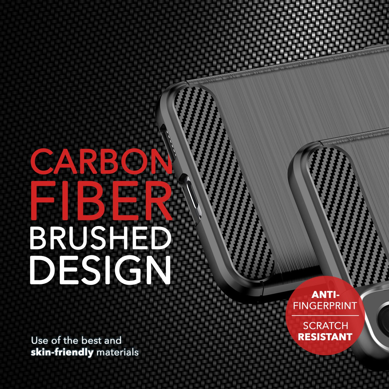 Handyhülle mit Carbonfaser-Design. Text lautet 'Carbon Fiber Brushed Design'. Hintergrund ist Carbonfaser.
