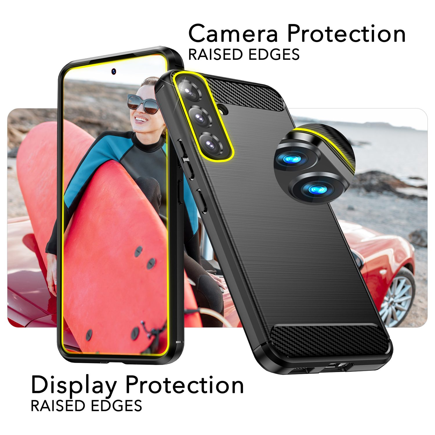 Schwarze Handyhülle mit gelben Akzenten. Text: Kameraschutz, Displayschutz. Bild eines Surfers.