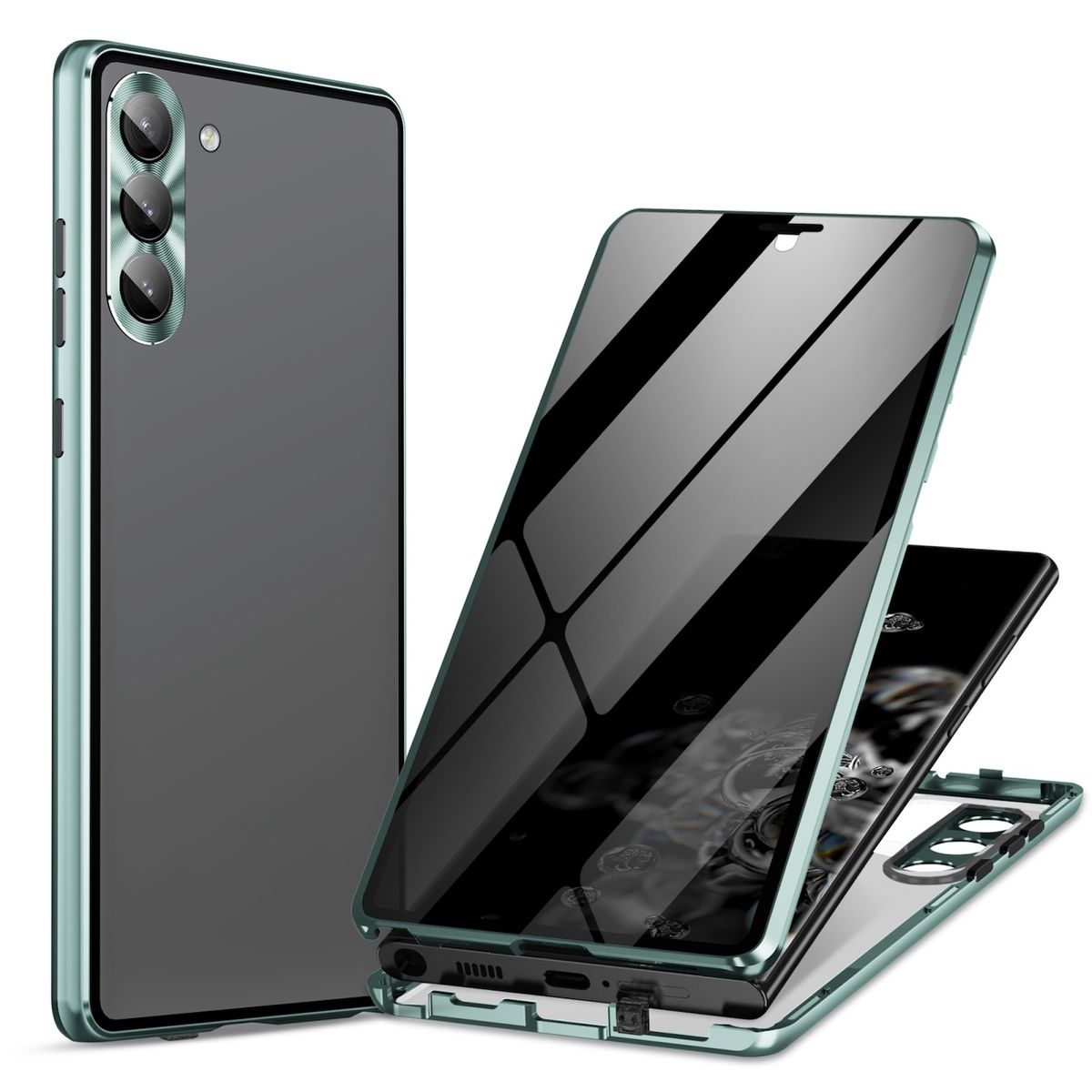 WIGENTO Beidseitiger 360 Grad Privacy Samsung, / Transparent S24, Hülle, Galaxy / Full Glas Grün Cover, Magnet
