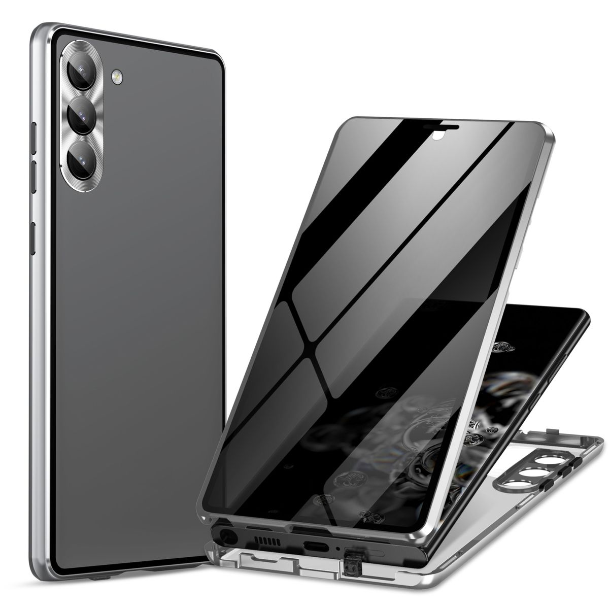 Glas Plus, S24 WIGENTO Cover, 360 / Silber / Privacy Transparent Grad Galaxy Magnet Hülle, Beidseitiger Samsung, Full
