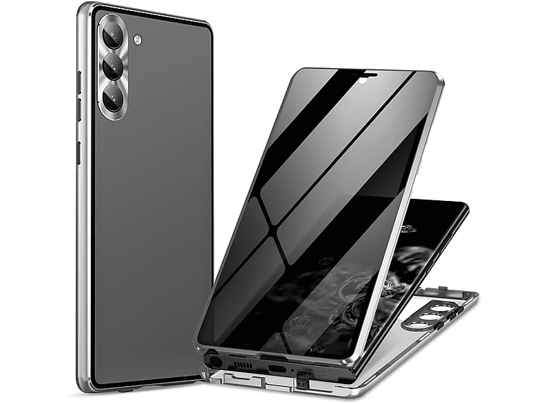 Glas WIGENTO S24 Cover, Silber Full Beidseitiger 360 Plus, Galaxy Transparent Samsung, Hülle, / Grad Privacy Magnet /