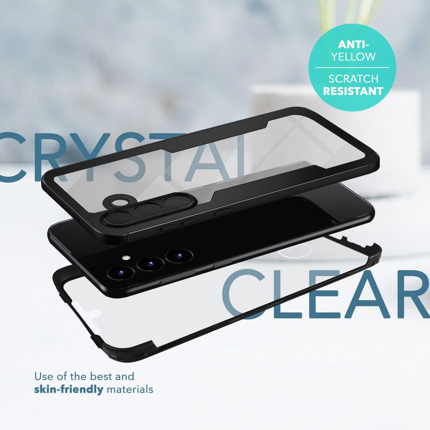Schwarze Handyhülle mit transparenten Schichten und Text 'CRYSTAL CLEAR'.