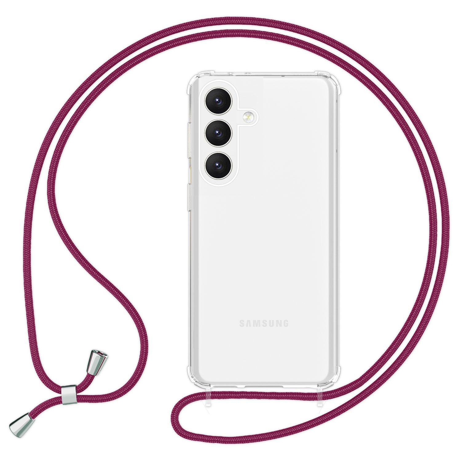 Telefon mit transparenter Hülle und Lanyard. Das Lanyard ist rot und hat silberne Akzente.