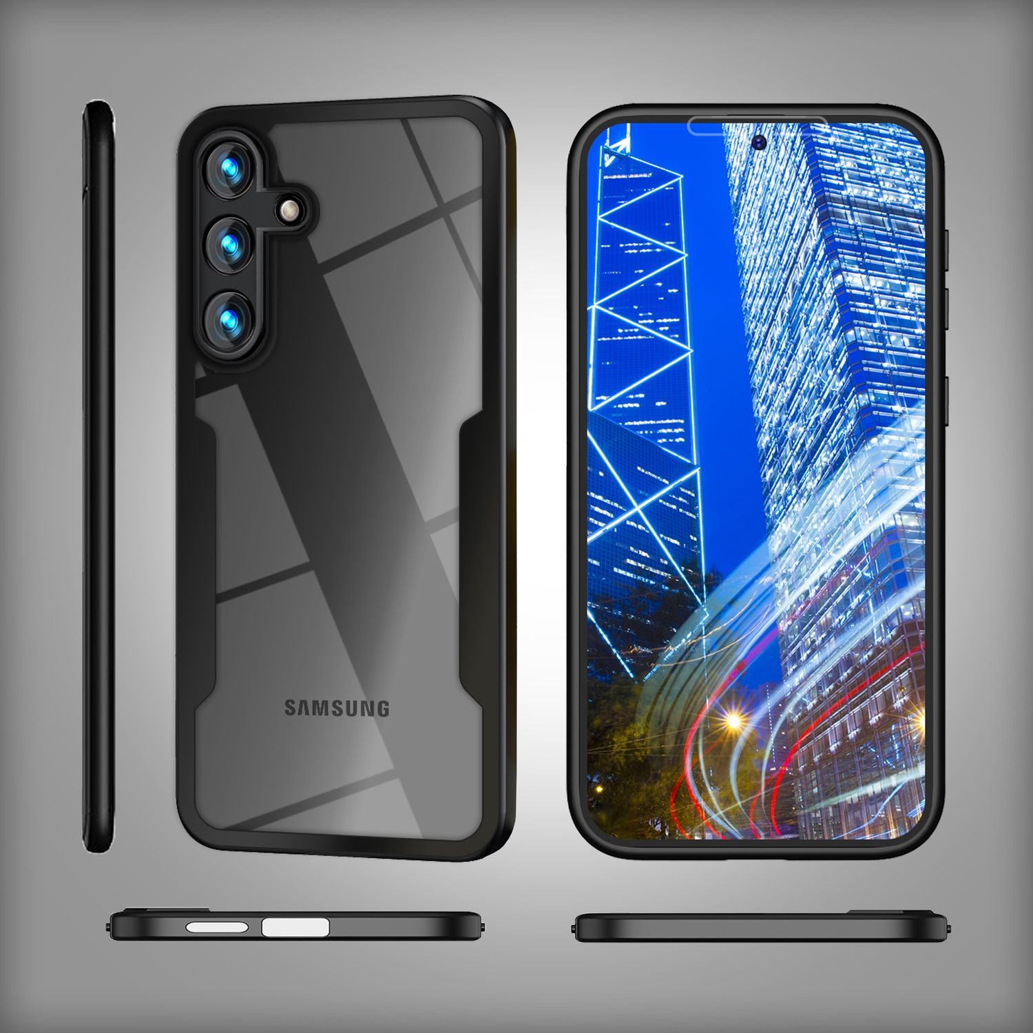 Ein Telefon mit schwarzer Hülle, das eine Skyline auf dem Bildschirm zeigt.