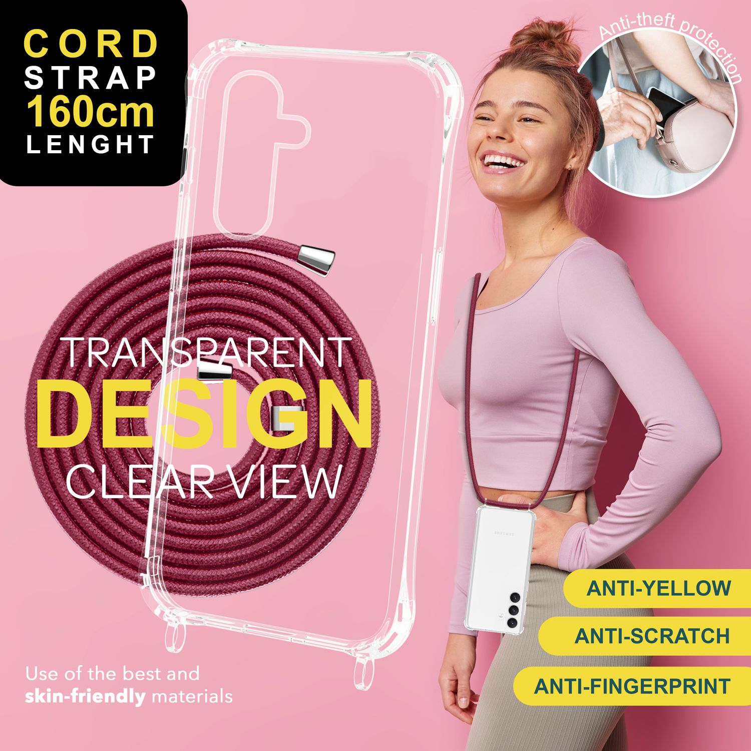 Frau mit klarer Handyhülle und Kordel. Transparentes Design, anti-gelb, kratz- und fingerabdruckfest.