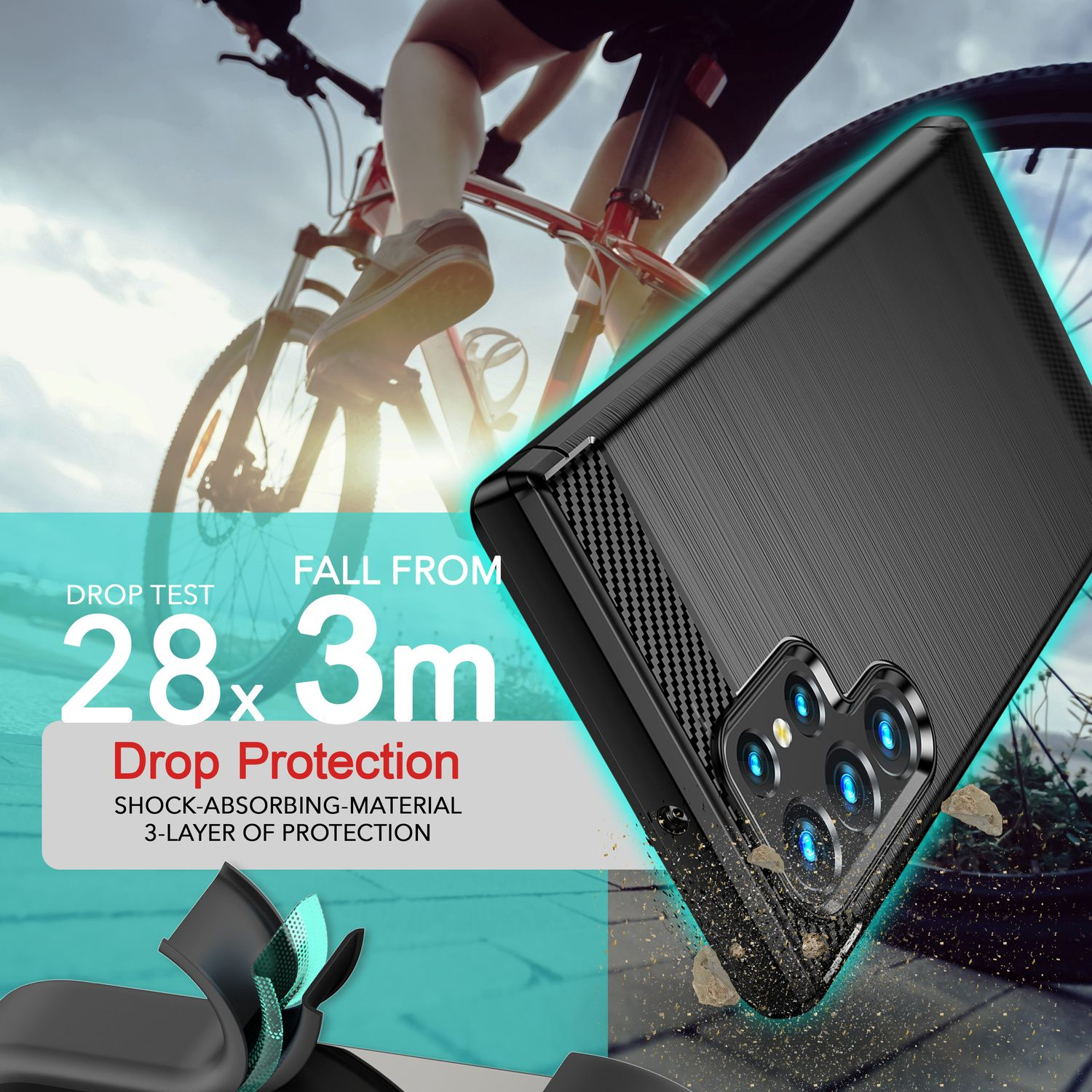 Coque de téléphone noire avec dos texturé, montrant un vélo en arrière-plan.