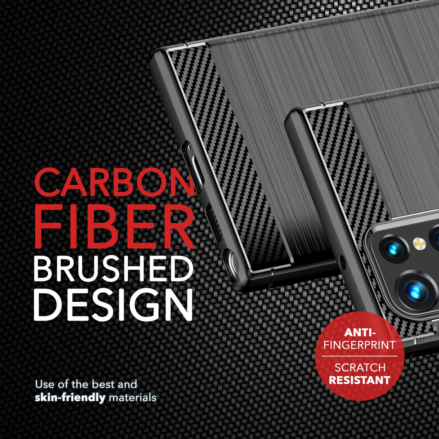 Deux coques de téléphone avec un design brossé en fibre de carbone. Les coques sont noires et ont des caractéristiques anti-traces et résistantes aux rayures.