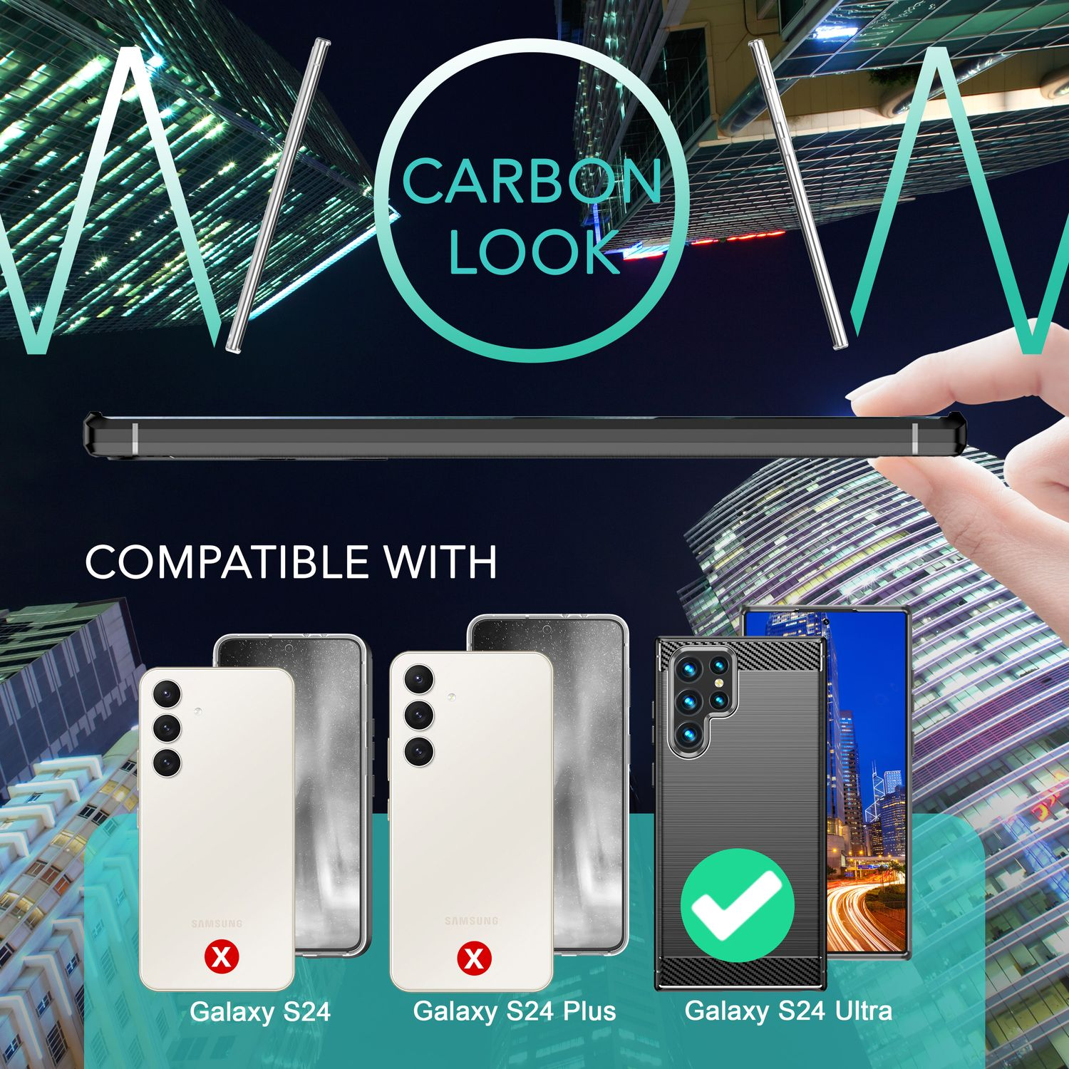 Une coque aspect carbone, compatible avec Galaxy S24 Ultra, mais pas avec S24 et S24 Plus.