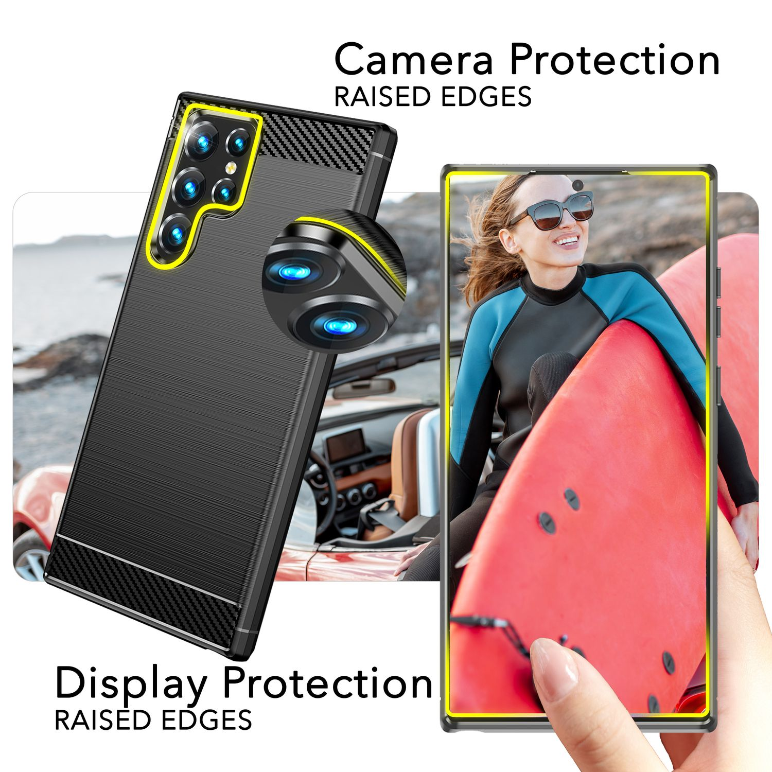 Coque de téléphone noire sur un téléphone. Protection de l'appareil photo et de l'écran. Femme avec planche de surf en arrière-plan.