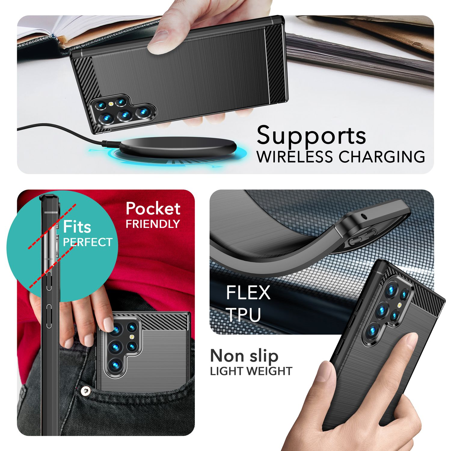 Coque de téléphone, prend en charge le chargement sans fil, adaptée aux poches, TPU flexible, antidérapant. Noir.