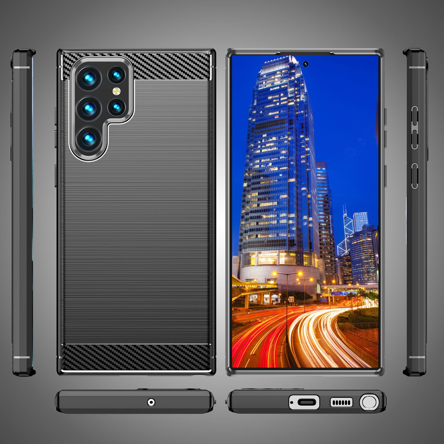 Coque de téléphone avec vue sur la ville. La coque a des bords noirs, et le téléphone est sur une surface réfléchissante.