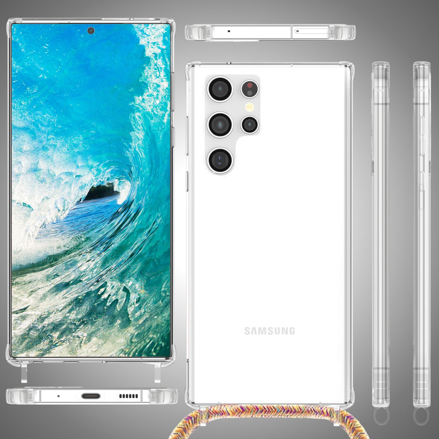 Telefon mit durchsichtigem Gehäuse. Mehrere Ansichten: vorne, hinten, Seite und oben. Wasserwellenhintergrund.