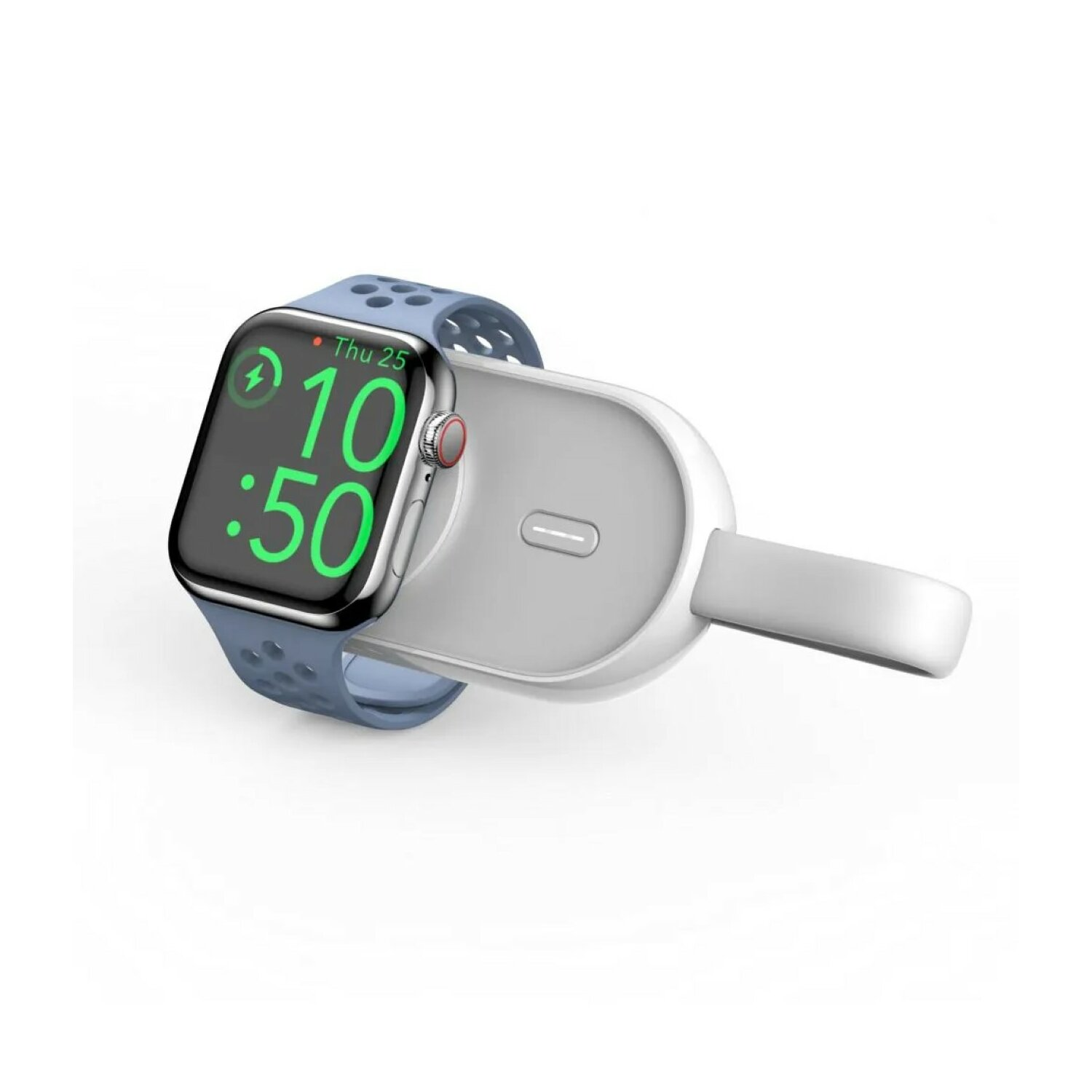 Apple Watch auf einer weißen Ladestation, blaues Armband, Bildschirm zeigt Uhrzeit und Datum.