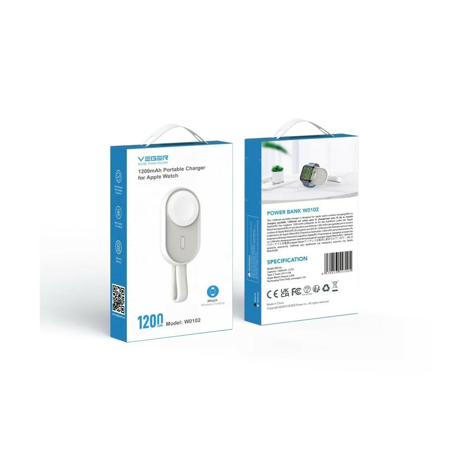 Ein weiß-blaues tragbares Ladegerät für die Apple Watch. Die Verpackung zeigt Ladegerät und Uhr.