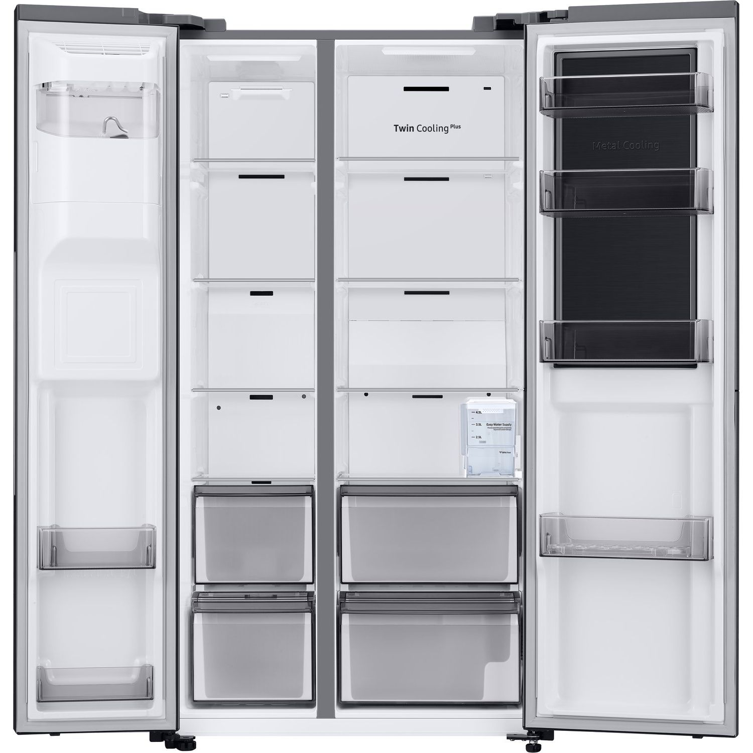 Geöffneter Side-by-Side-Kühlschrank. Innenraum mit Schubladen, Regalen und Wasserspender.