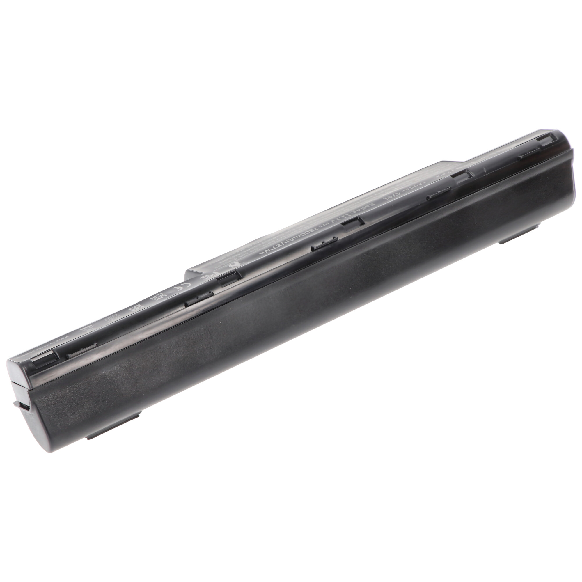 Eine schwarze Batterie auf weißem Untergrund. Sie hat eine lange, rechteckige Form.