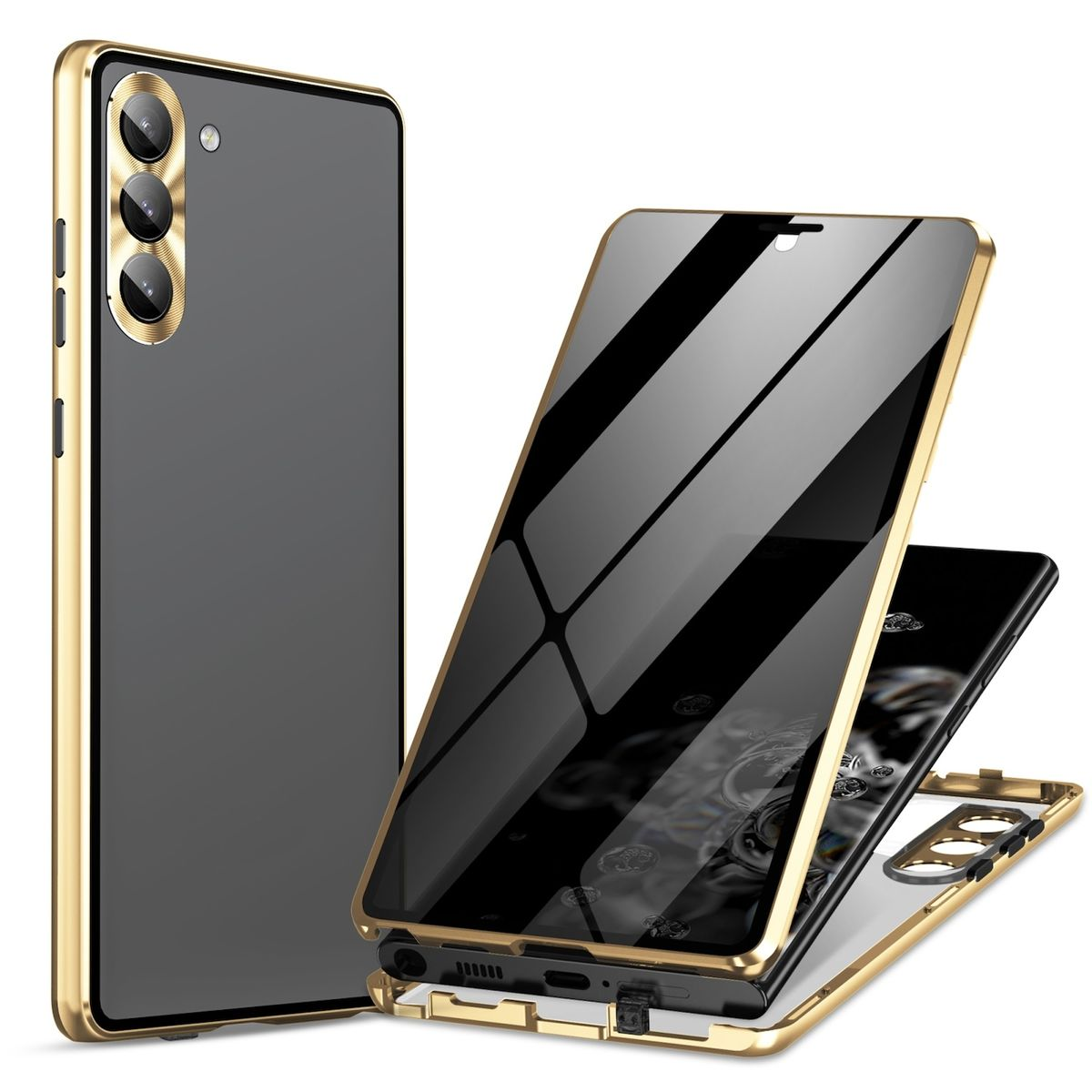 WIGENTO Beidseitiger Magnet Cover, / Grad Samsung, Full S24, / Transparent 360 Glas Galaxy Privacy Hülle, Gold