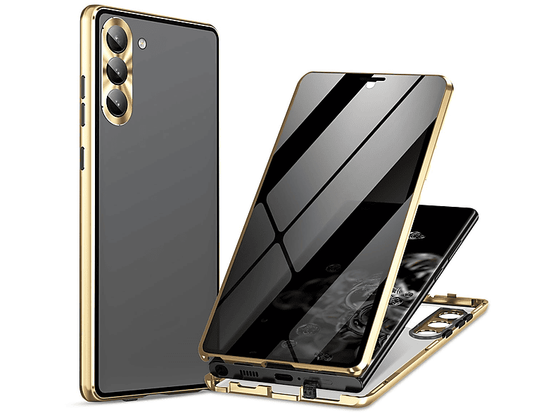 WIGENTO Beidseitiger 360 Grad Magnet / Cover, Privacy Glas Transparent S24, Full Samsung, Gold / Hülle, Galaxy