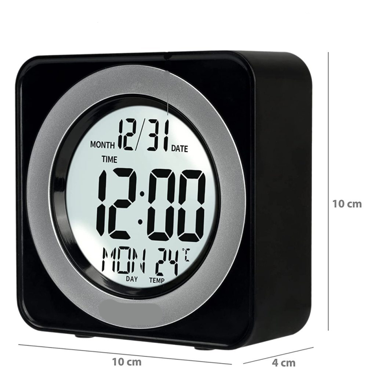 Schwarze Digitaluhr zeigt 12:00, Datum 12/31 und 24°C an. Hat einen silbernen Rand.
