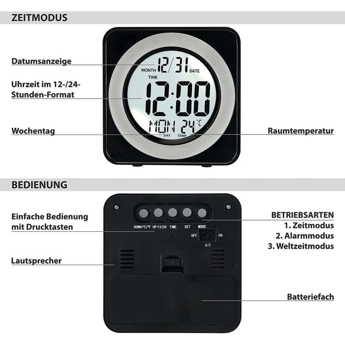 Schwarze Digitaluhr mit Anzeige von Zeit, Datum und Temperatur. Knöpfe und Lautsprecher unten.