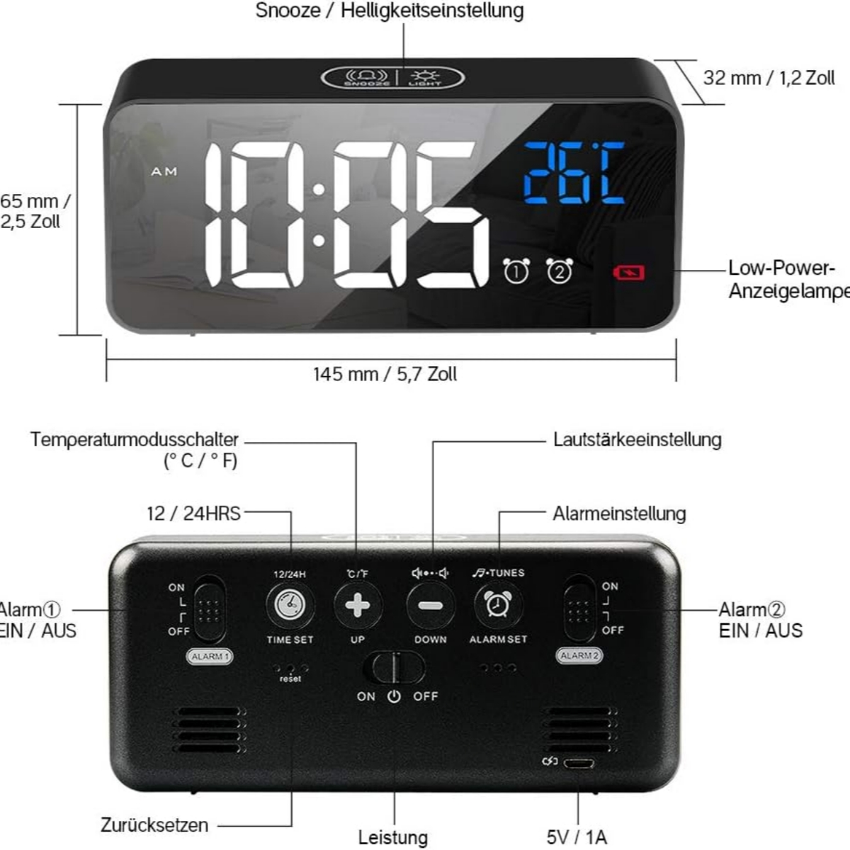 Schwarzer digitaler Wecker mit Maßen und beschrifteten Tasten.