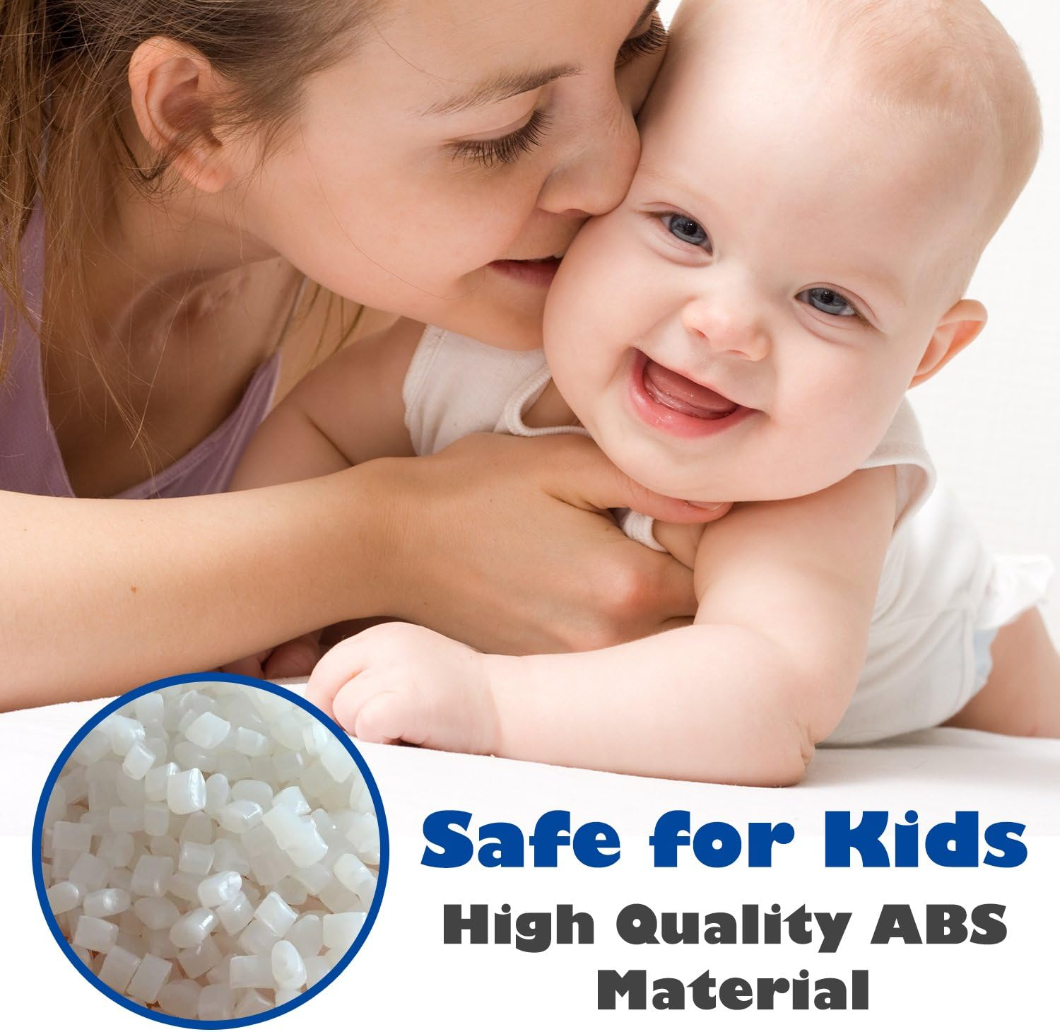 Mutter küsst lächelndes Baby. Kreis zeigt weißes ABS-Material, Text: 'Safe for Kids'.
