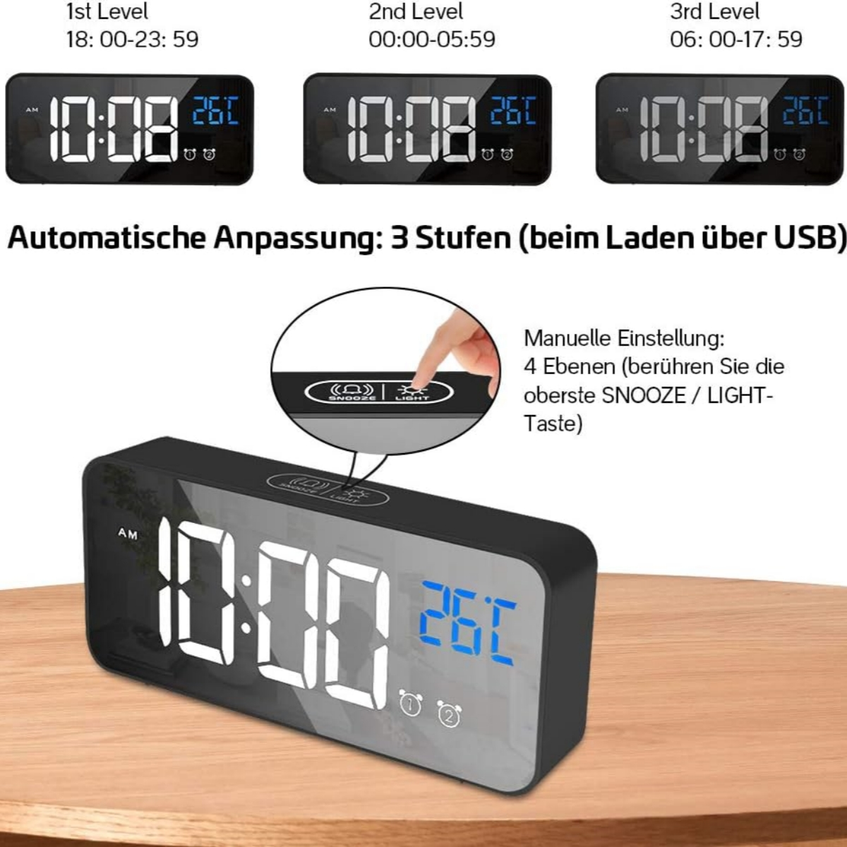 Ein schwarzer digitaler Wecker mit mehreren Anzeigen und Einstellungen, der Zeit und Temperatur anzeigt.