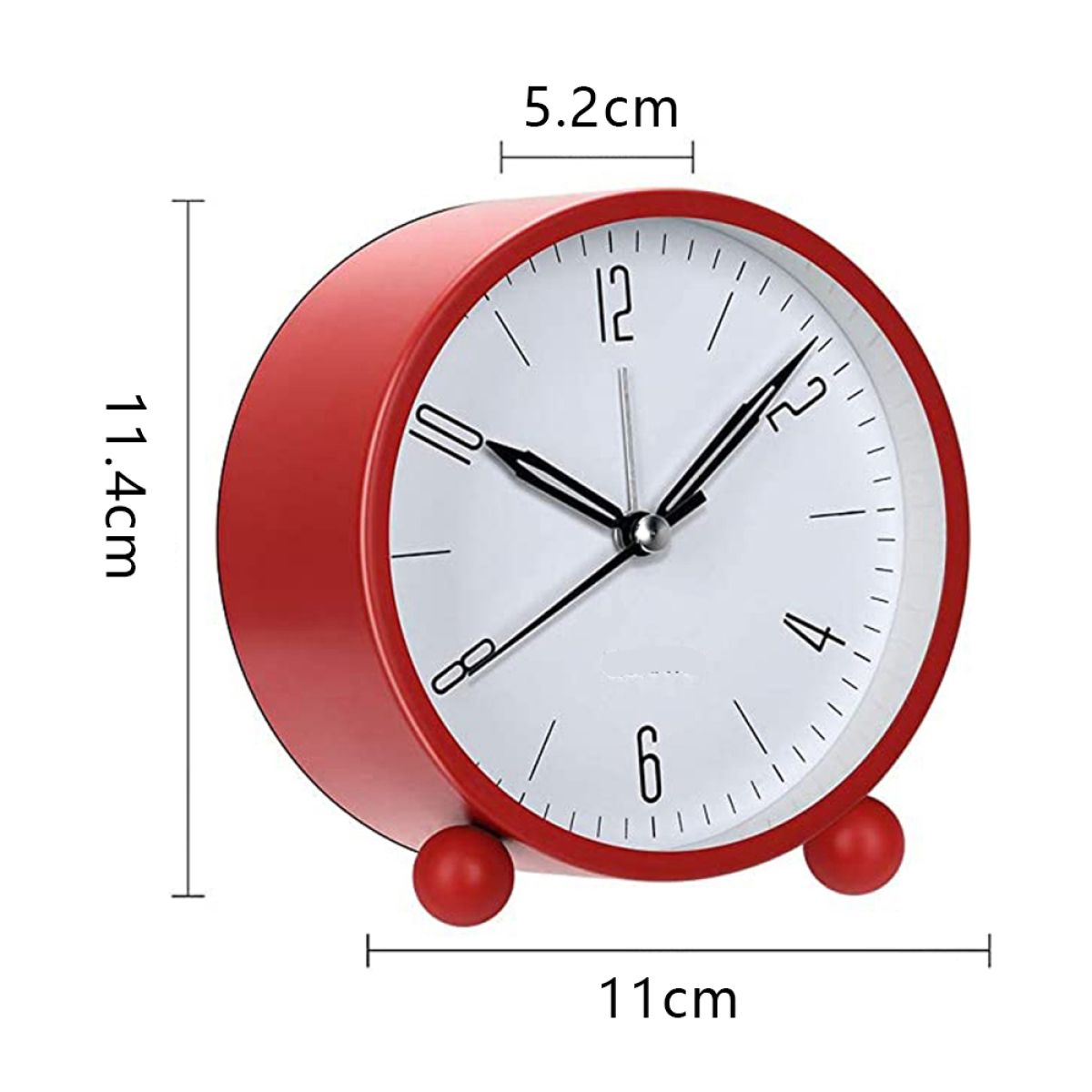 Ein roter Wecker mit weißem Zifferblatt, schwarzen Zeigern und einem Durchmesser von 11 cm.
