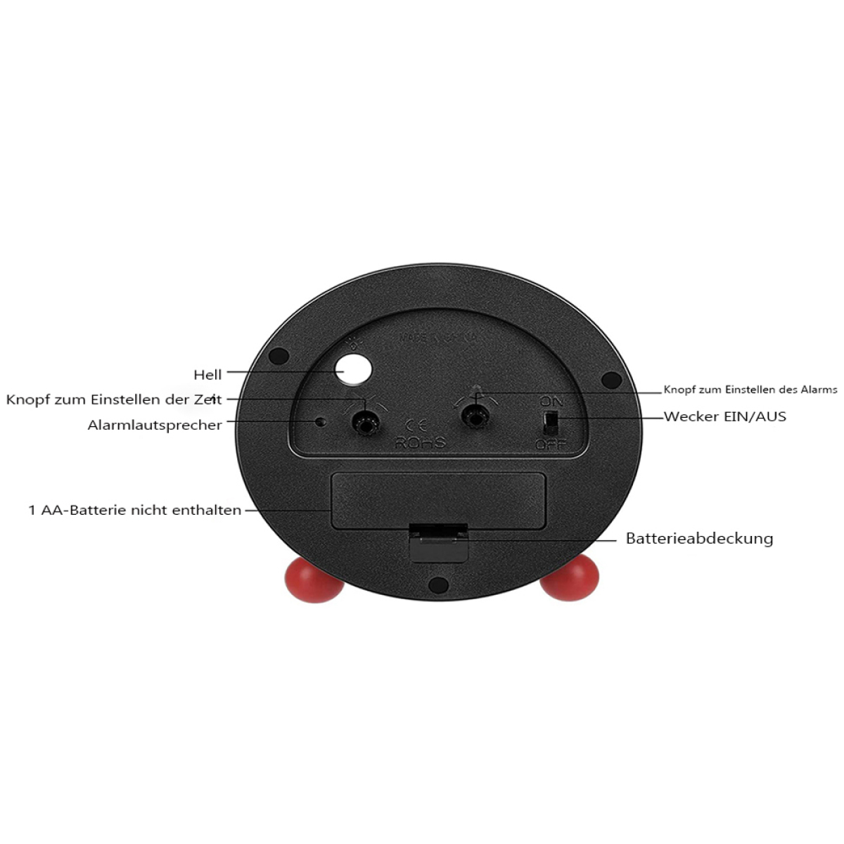 Unterseite eines schwarzen Weckers mit Knöpfen und Batteriefach.