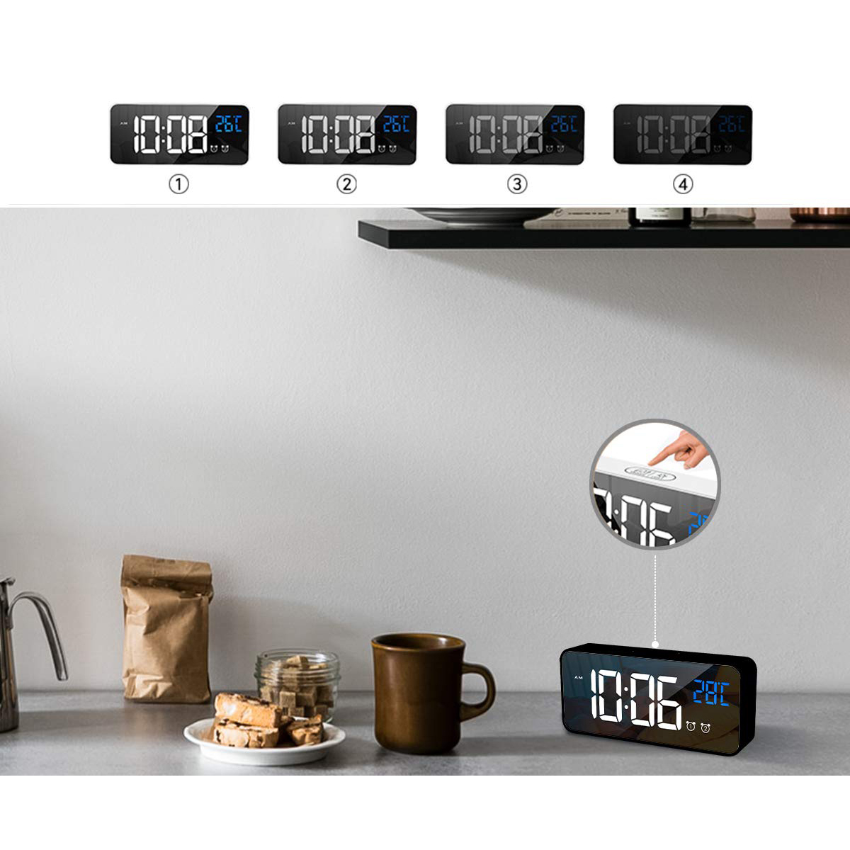Digitaluhr mit Zeit- und Temperaturanzeige, verschiedene Ansichten.