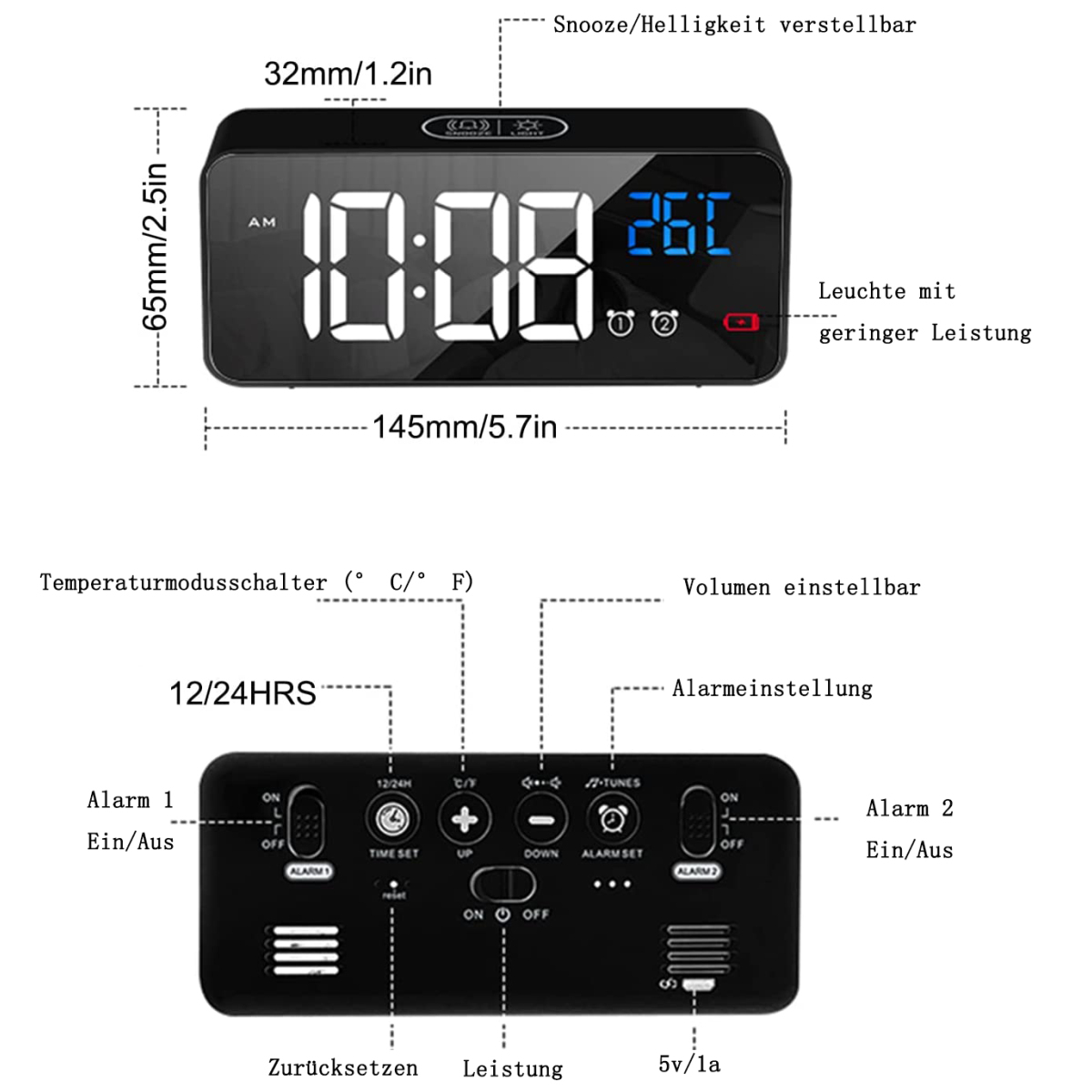 Schwarzer digitaler Wecker mit Abmessungen und Einstellungen, zeigt Zeit und Temperatur.