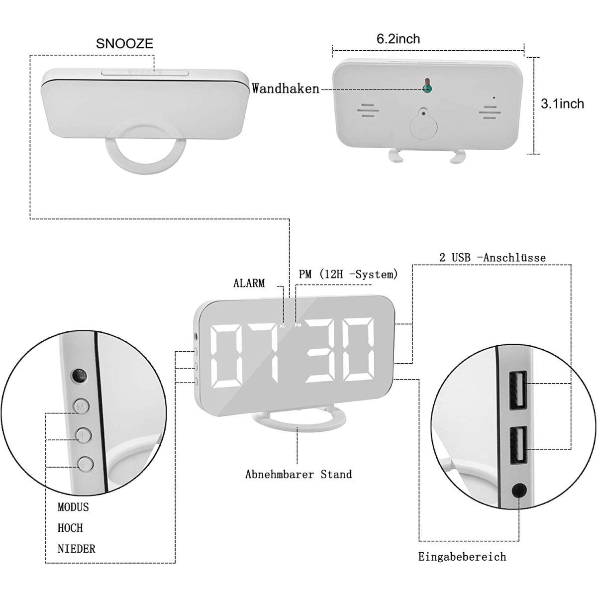 Ein weißer digitaler Wecker mit Maßen und Beschriftungen für Schlummerfunktion, Alarm, Modus und USB-Anschlüsse.