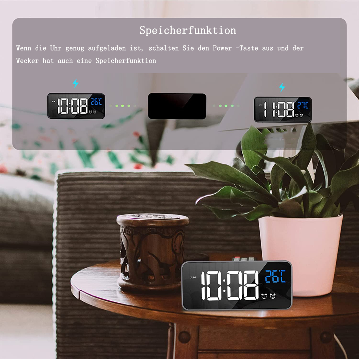Digitaler Wecker zeigt 10:08 und 11:08, mit Pflanze und Dekoration auf einem Tisch.