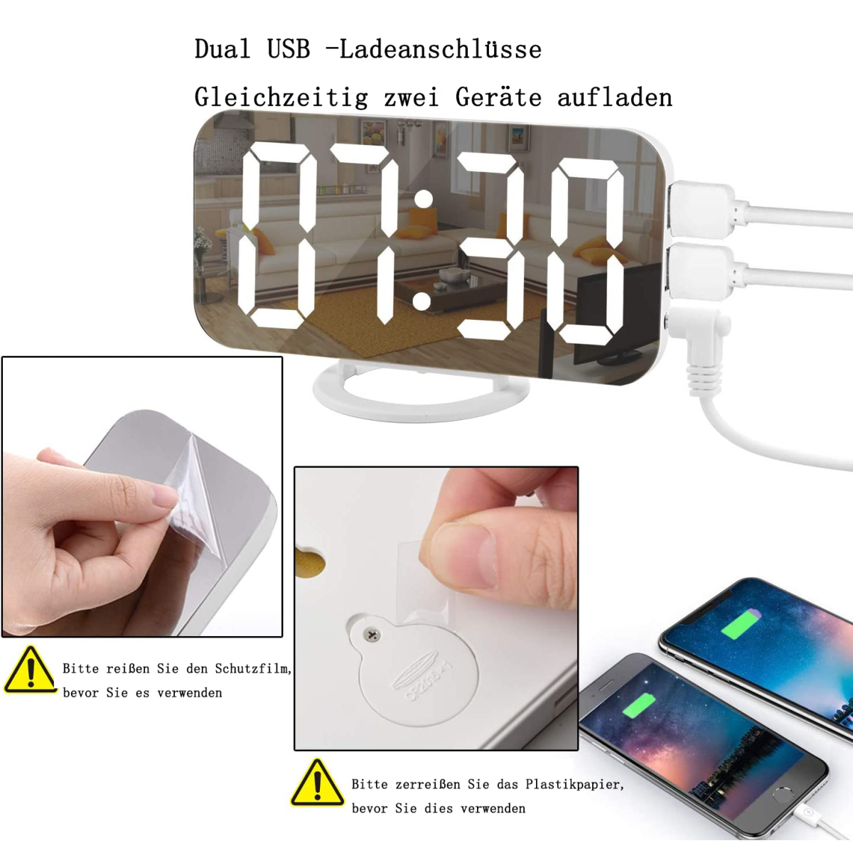Das Bild zeigt eine Digitaluhr mit zwei USB-Anschlüssen. Es gibt auch Bilder von ladenden Handys und der Rückseite der Uhr.