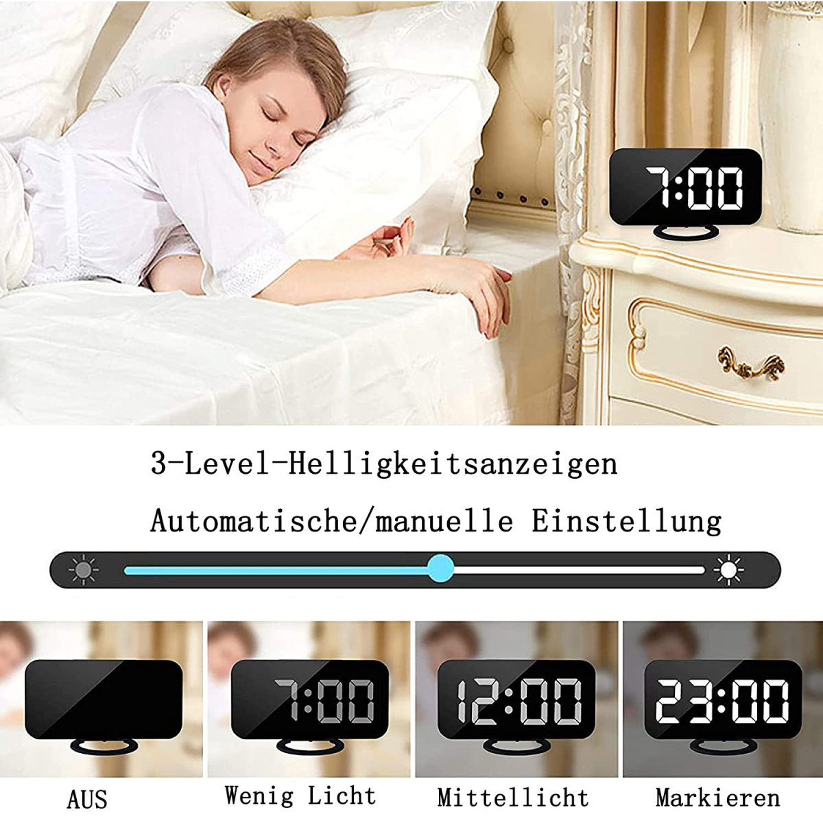 Eine schlafende Frau neben einer Digitaluhr, mit mehreren Uhranzeigeoptionen darunter.