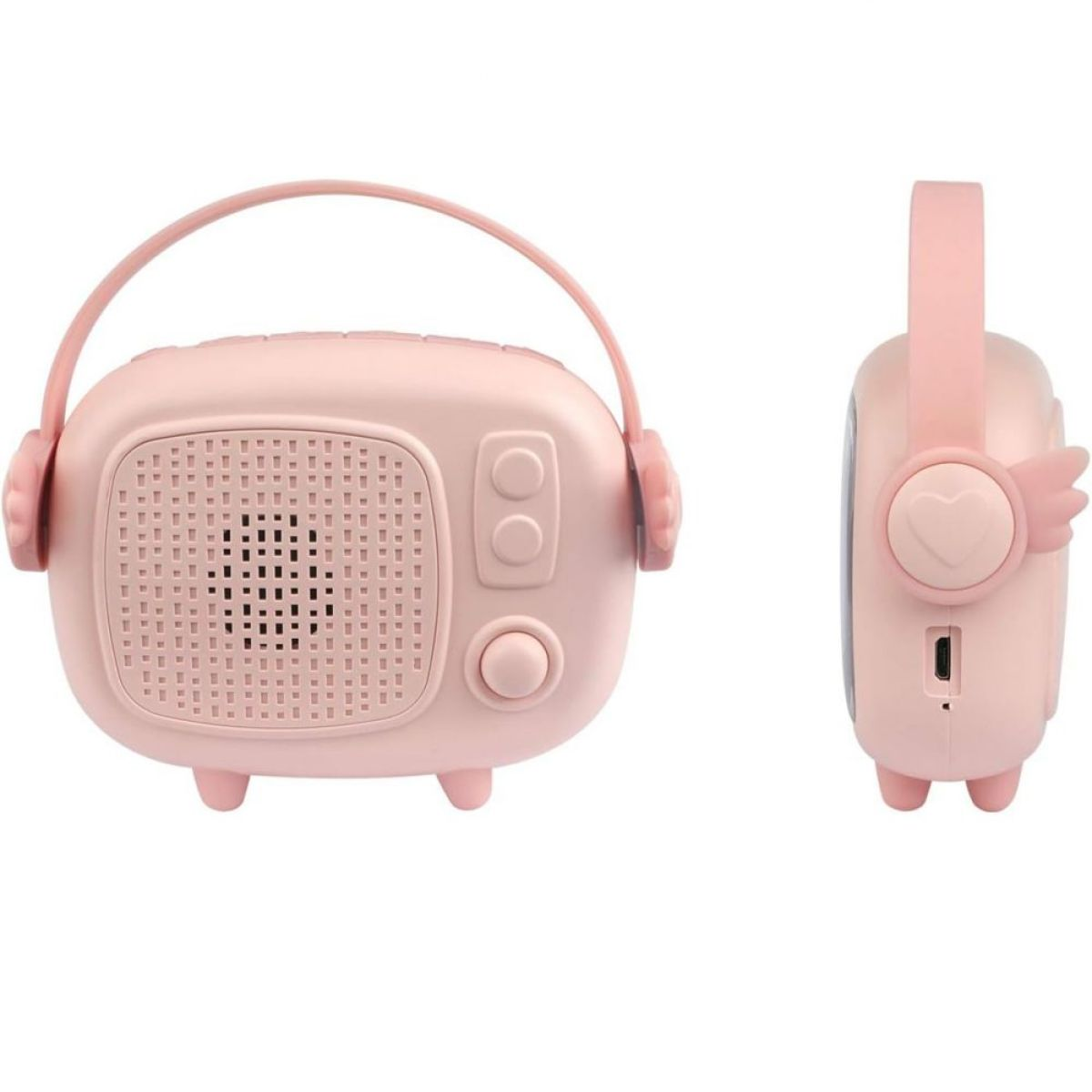 Ein rosa Radio-Lautsprecher. Er hat zwei Lautsprecher und ein flügelartiges Design an der Seite.