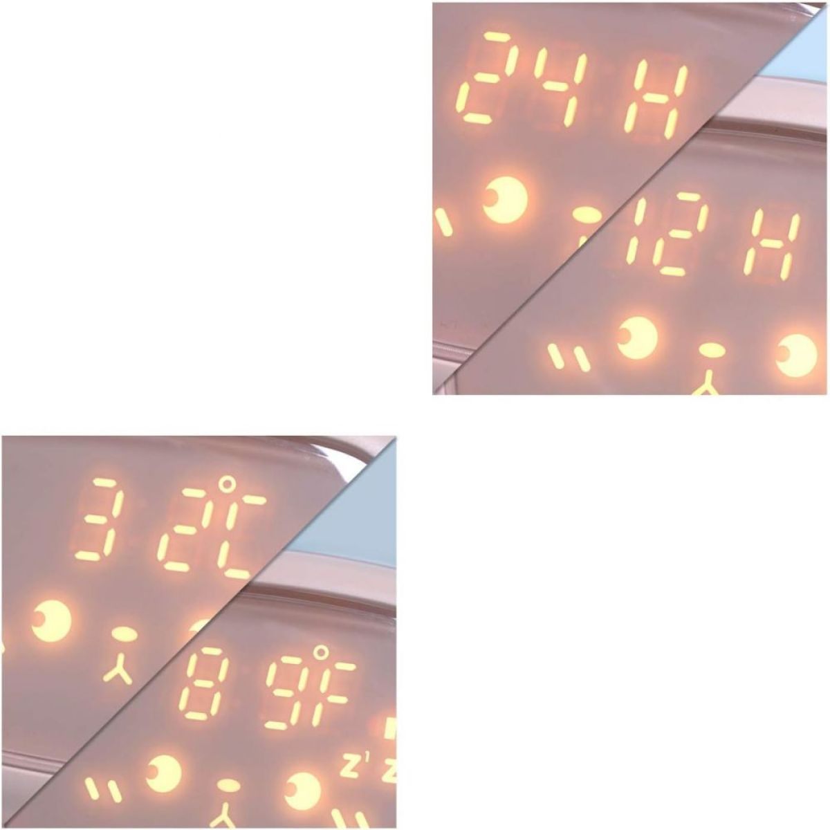 Eine Collage einer Digitaluhr zeigt Temperatur und Zeit. Die Uhr zeigt 24H, 12H und 3 20°C, 8 9°F.