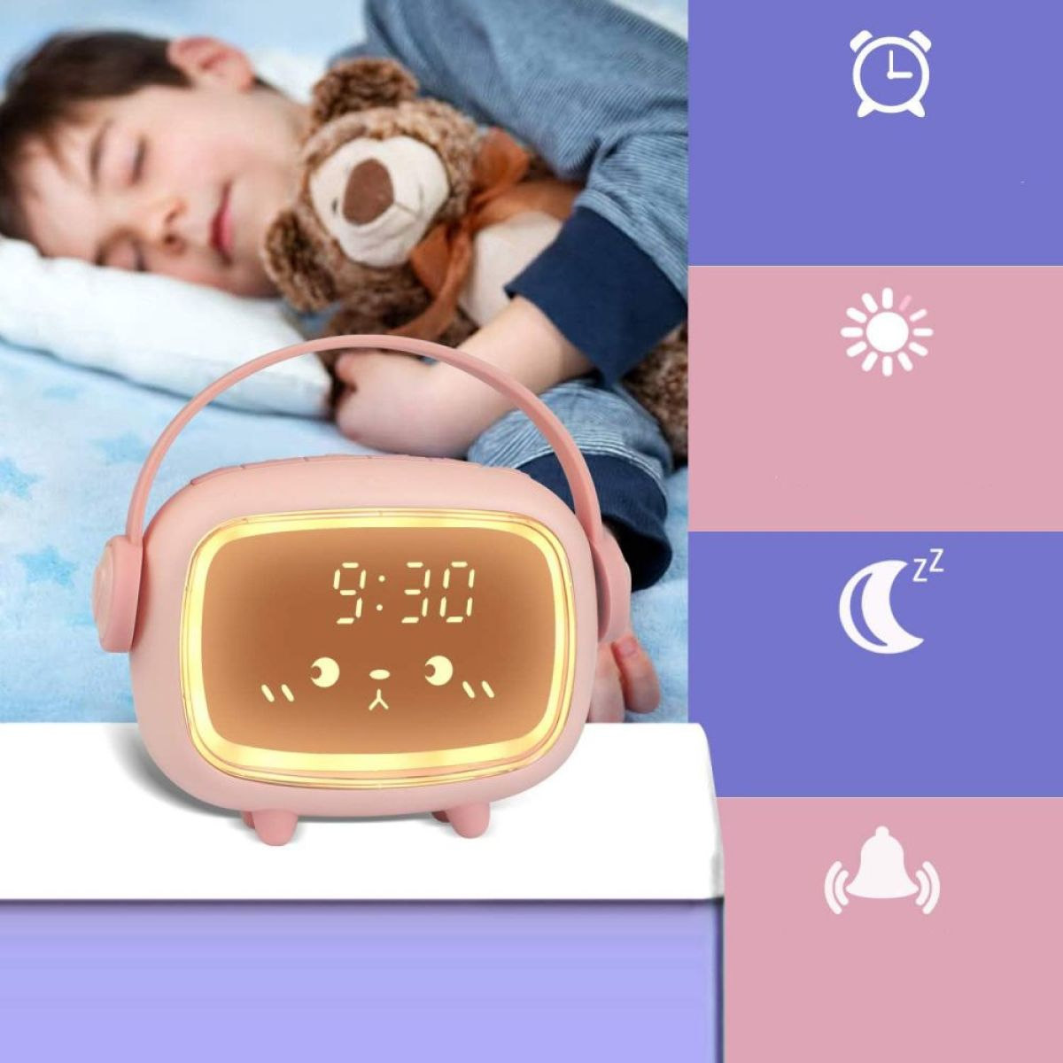 Ein schlafendes Kind mit einem Teddybären neben einem pinkfarbenen Wecker, der 9:30 anzeigt.