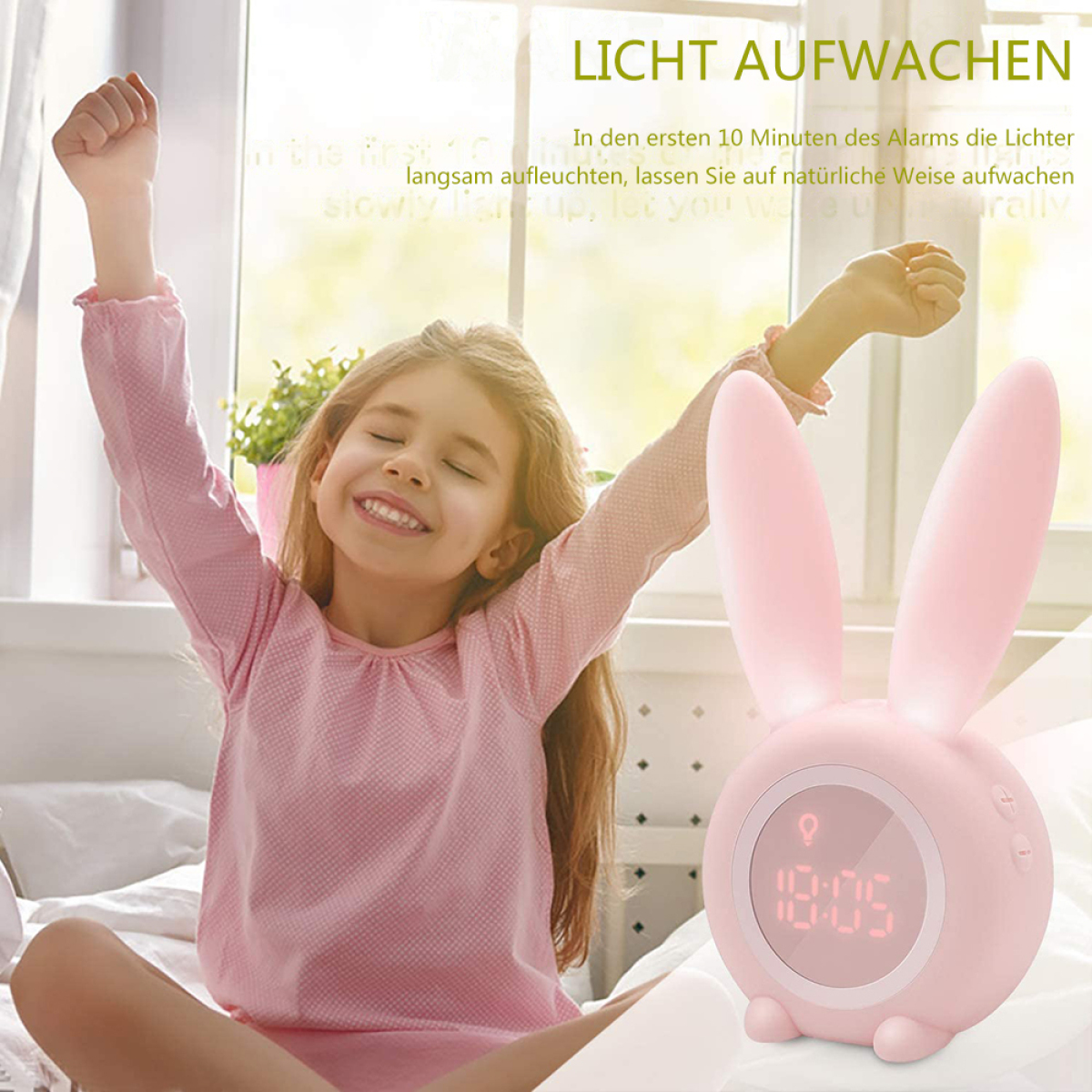 Junges Mädchen im Bett mit Hasen-Wecker und Textüberlagerung.