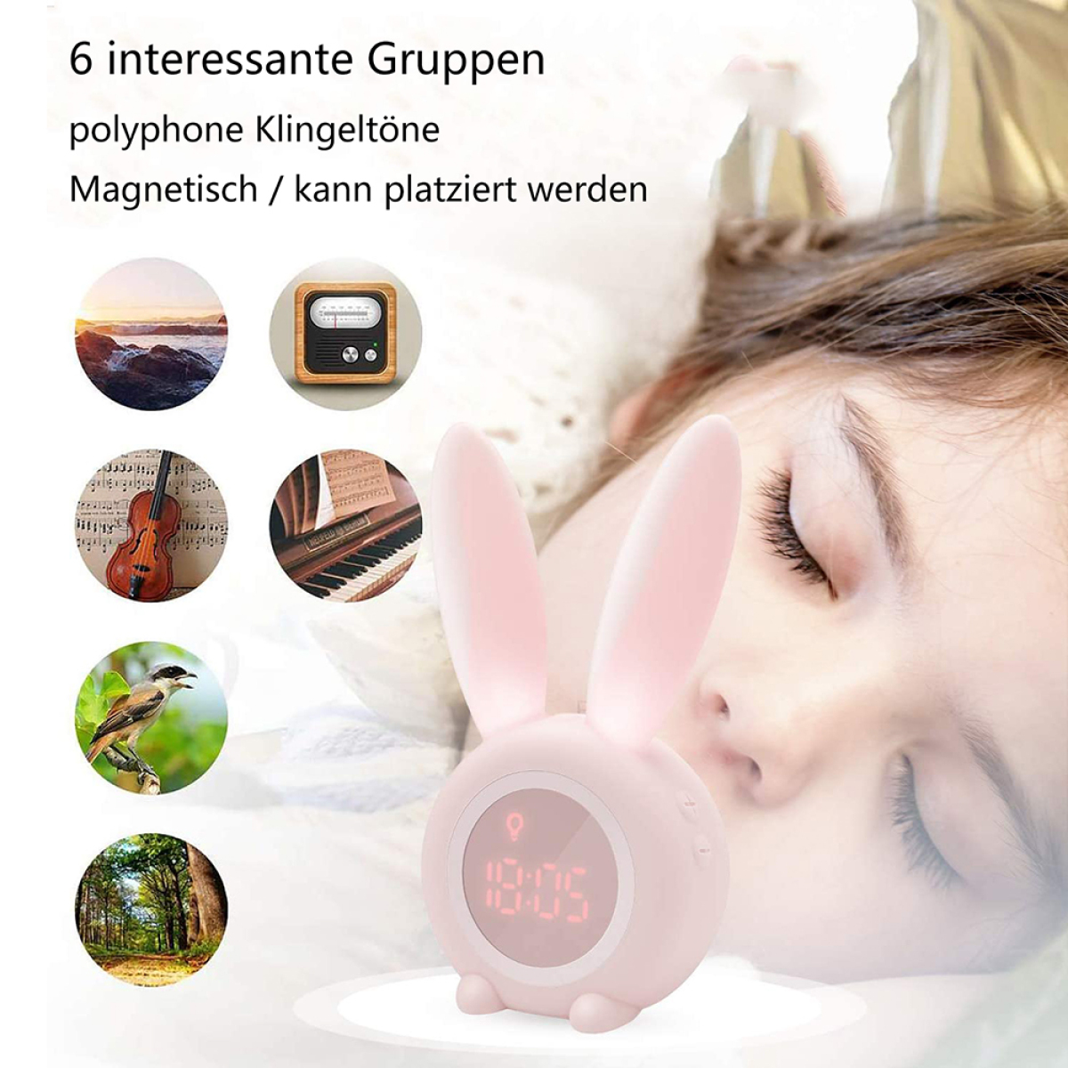 Ein rosa hasenförmiger Wecker mit Digitalanzeige, umgeben von kleinen Bildern und einer schlafenden Person.