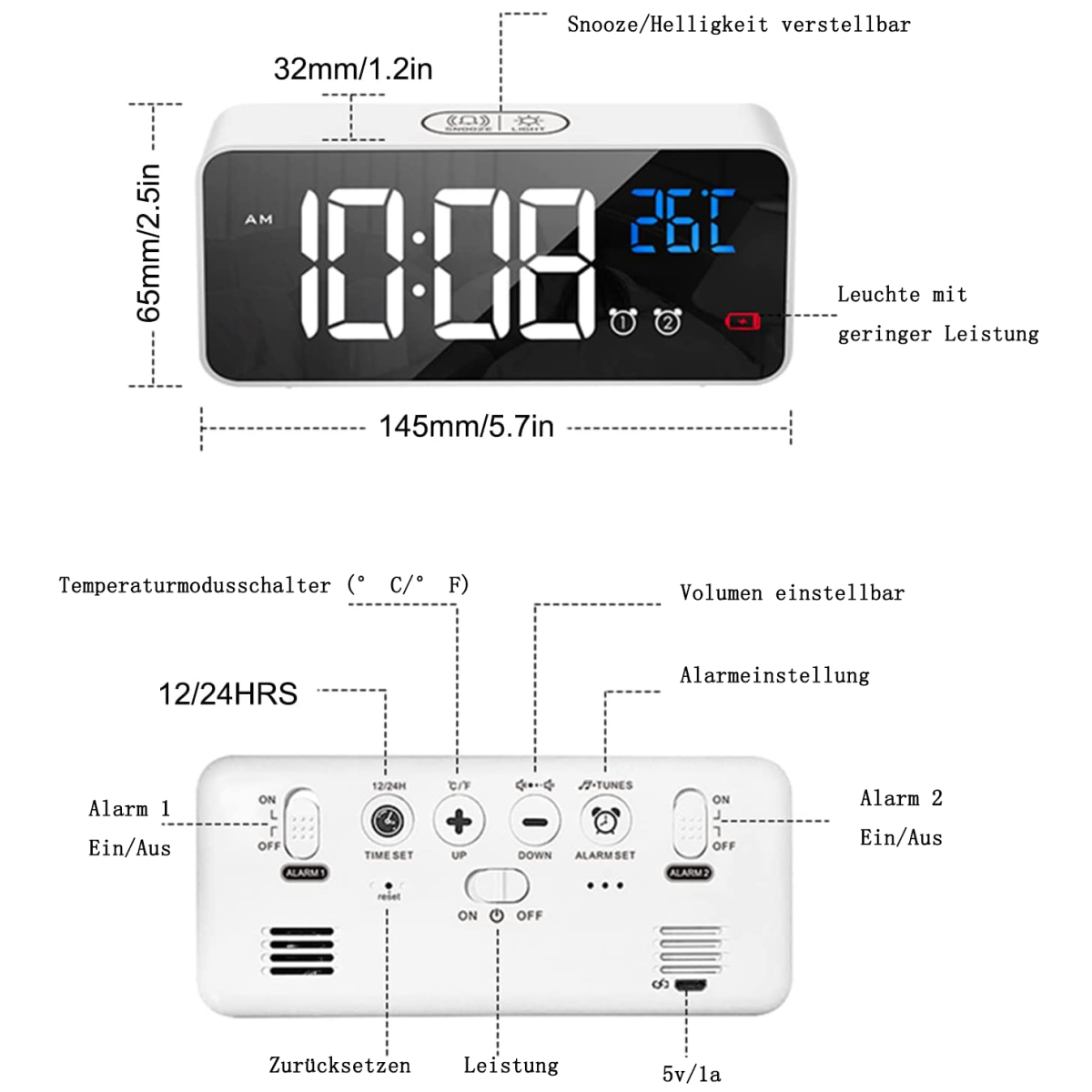 Digitaler Wecker mit Zeit- und Temperaturanzeige, mit Knöpfen und Abmessungen in Deutsch.