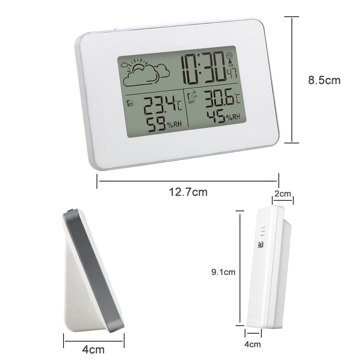 Eine digitale Wetterstation mit Anzeige von Zeit, Temperatur, Luftfeuchtigkeit mit Abmessungen.