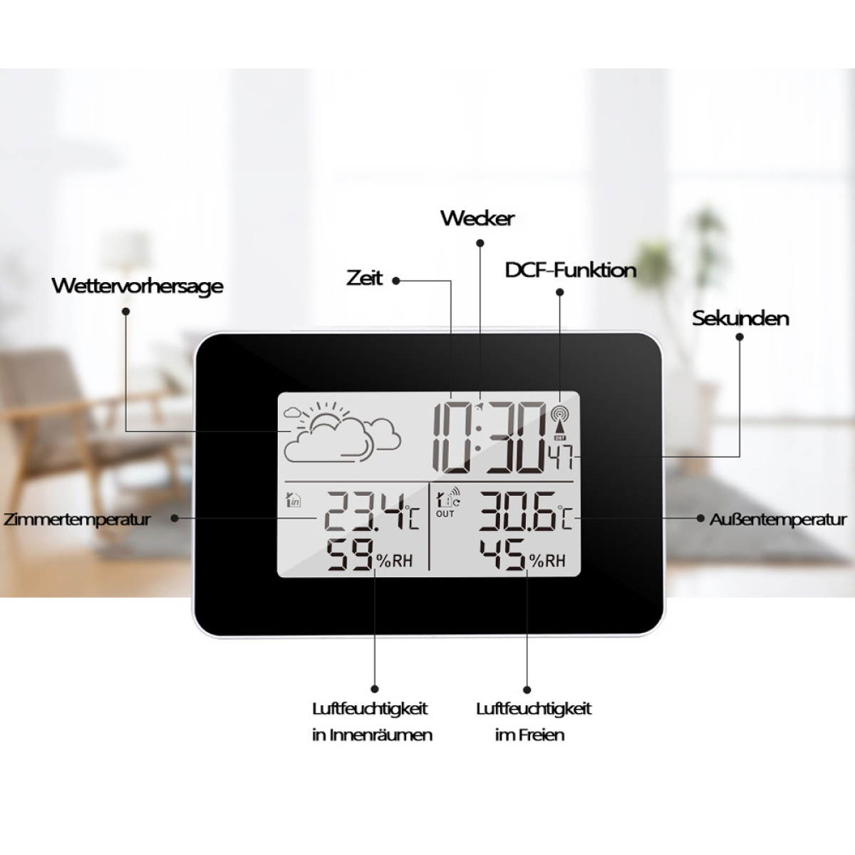 Eine Digitaluhr mit mehreren Beschriftungen. Die Uhr zeigt Zeit, Temperatur, Luftfeuchtigkeit. Wettervorhersage und andere Infos.