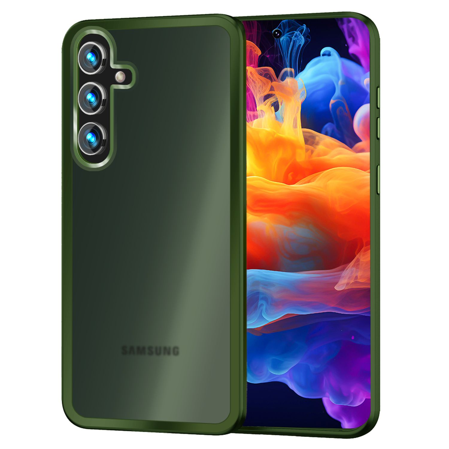 Grüne Handyhülle auf einem Handy mit farbenfrohem Hintergrund. Das Telefon hat drei Kameras.