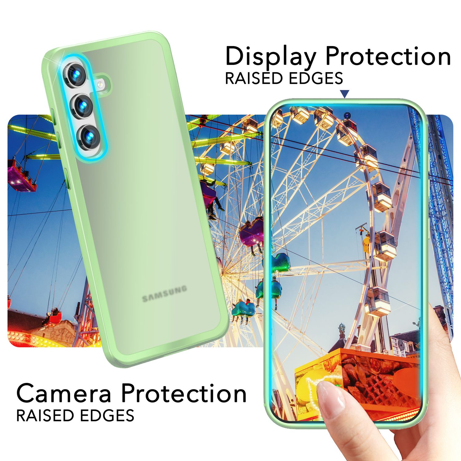 Ein Telefon in einer grünen Hülle, die Display- und Kameraschutz mit erhöhten Kanten hervorhebt.