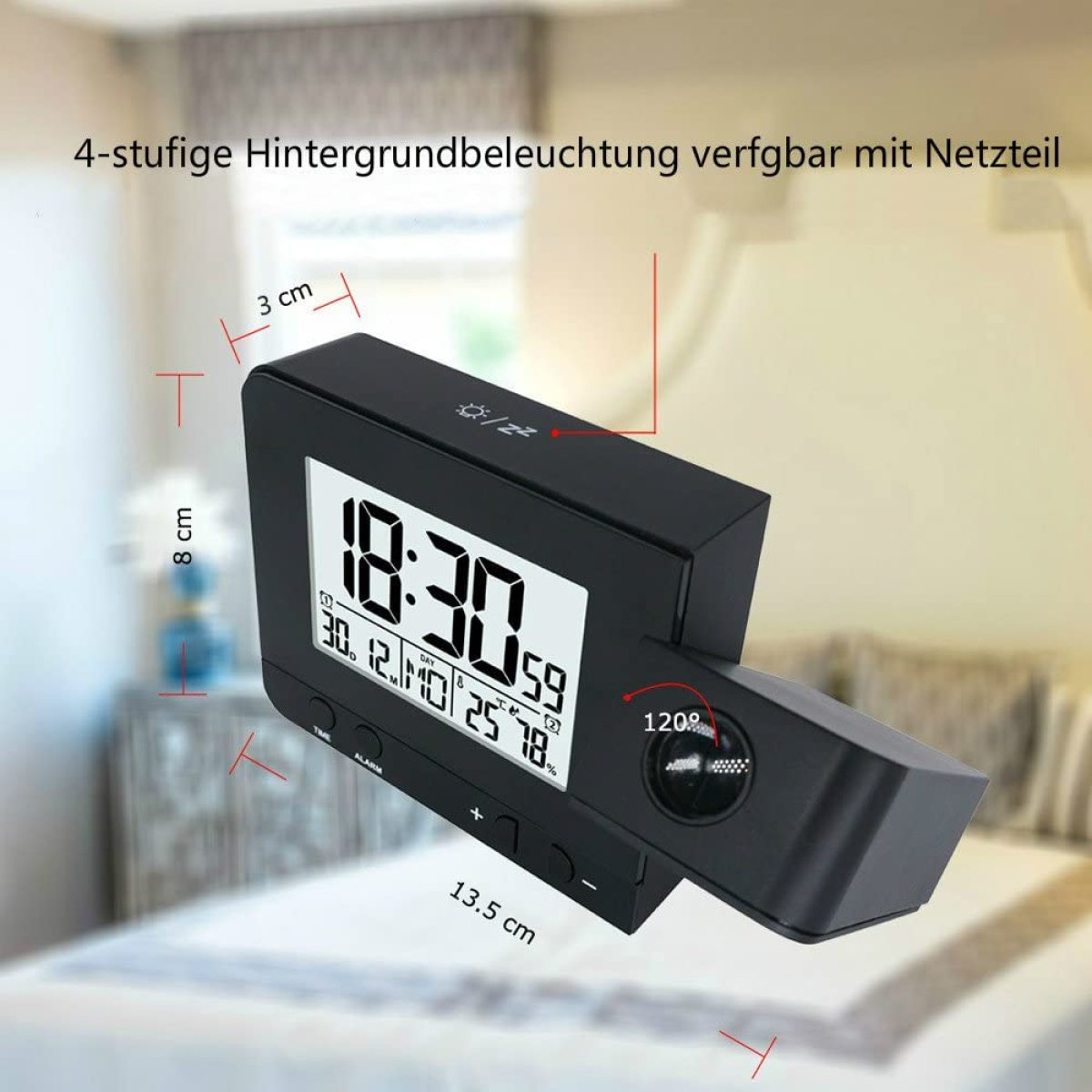 Schwarze Digitaluhr mit Maßen. Sie hat ein Display, Knöpfe und eine Projektionsfunktion.
