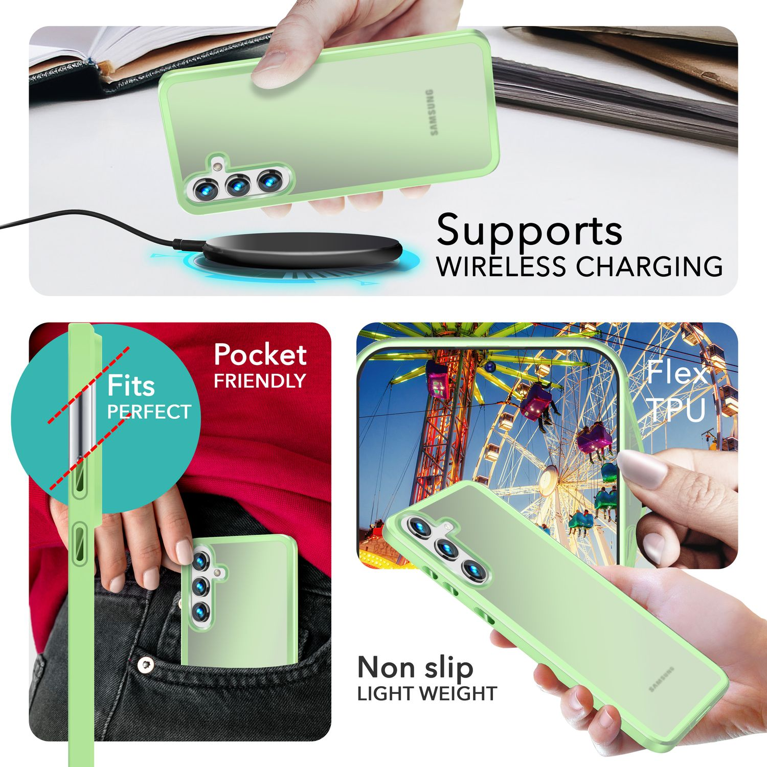 Grüne Handyhülle mit Telefon und drahtlosem Laden.