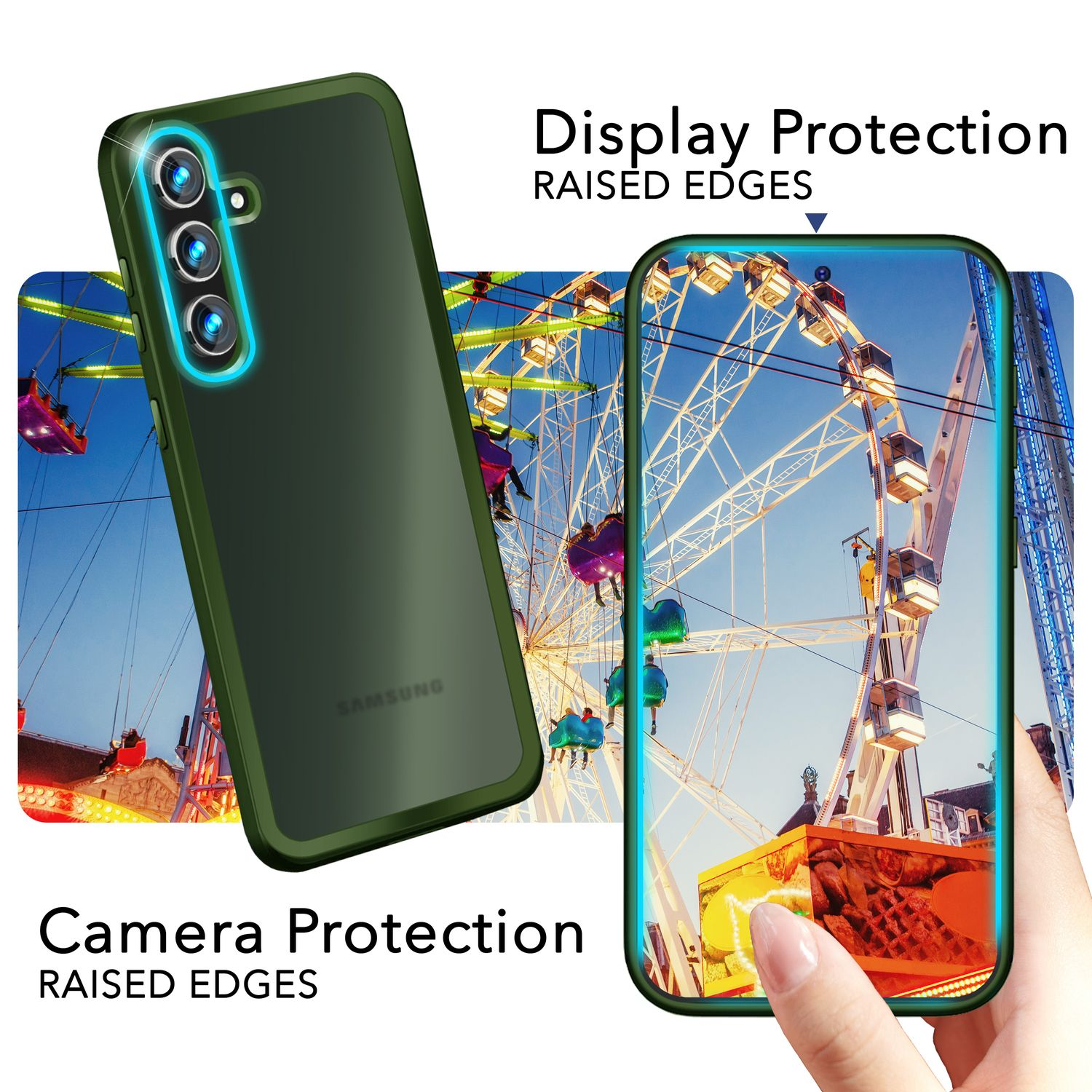 Eine grüne Handyhülle schützt ein Telefon, mit einem Riesenrad auf dem Bildschirm.