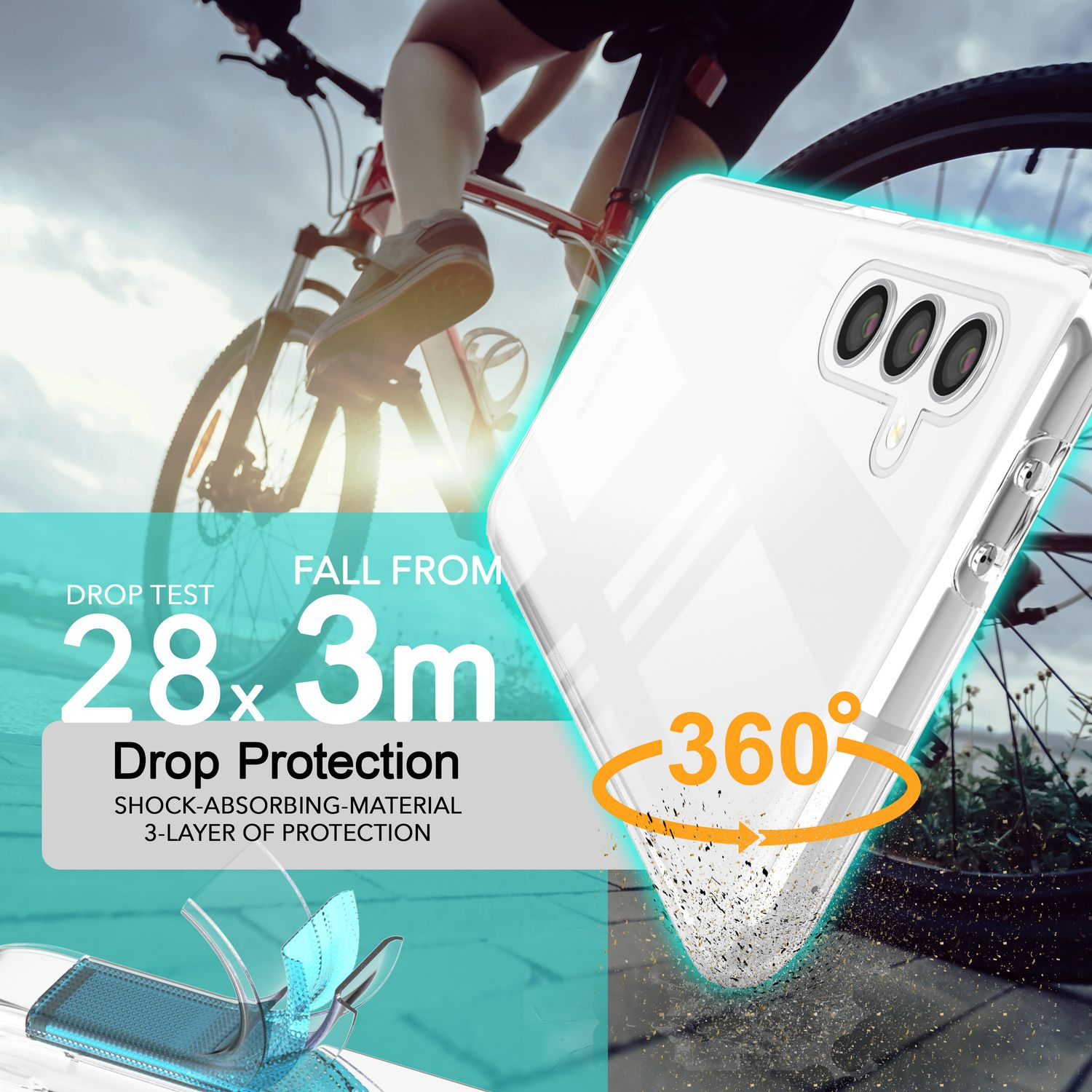 Eine Handyhülle mit einem Fahrrad im Hintergrund. Die Hülle befindet sich auf dem Telefon und hat einen 360-Grad-Schutz.