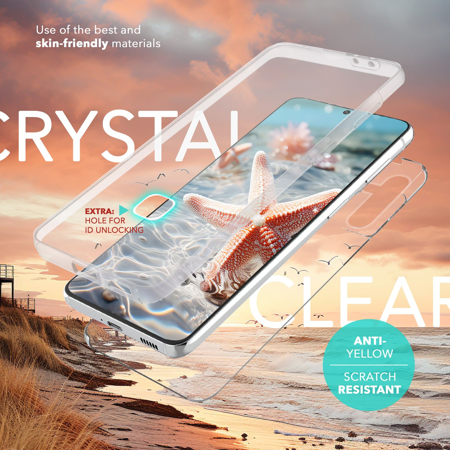 Telefon mit Displayschutzfolie, die eine Strandszene zeigt.